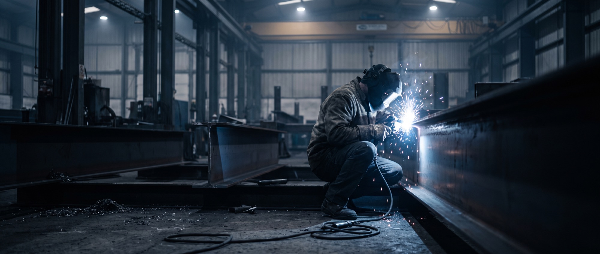 Welder TIG-welding a structural steel beam in the AxisWorks fabrication workshop