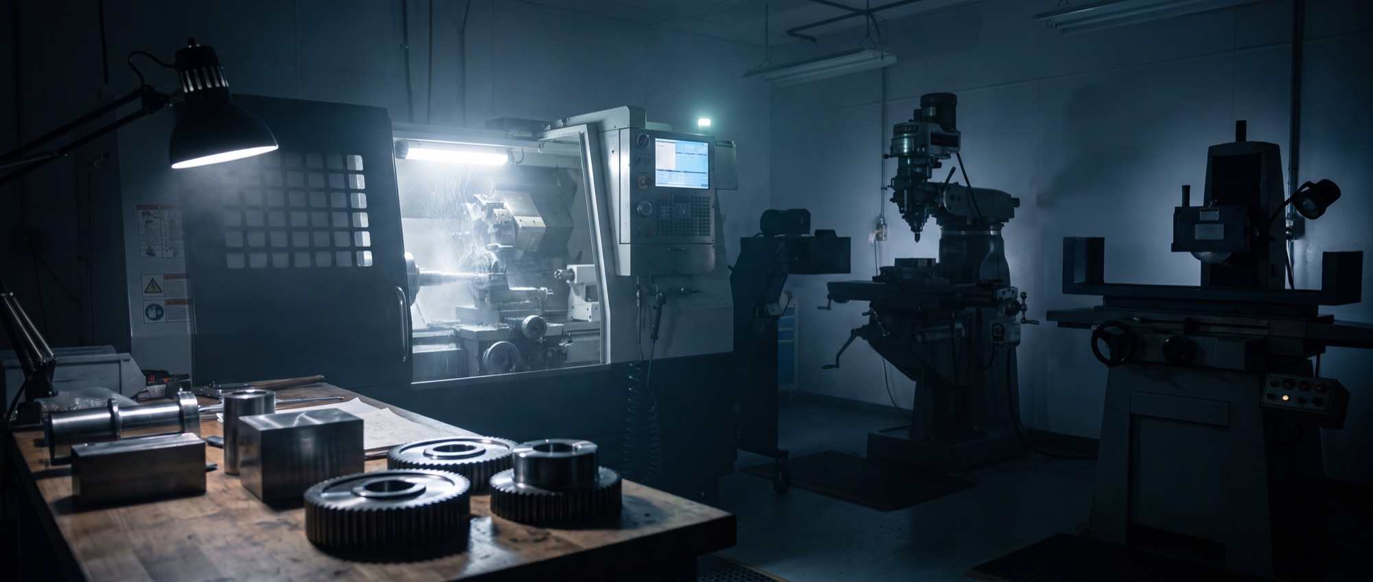 CNC lathe glowing in the AxisWorks machine shop at night