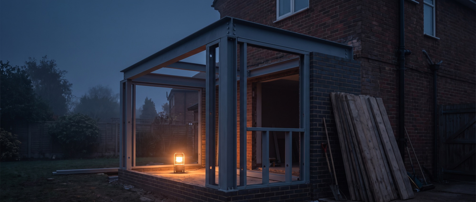 Structural steel frame of a commercial building at dusk