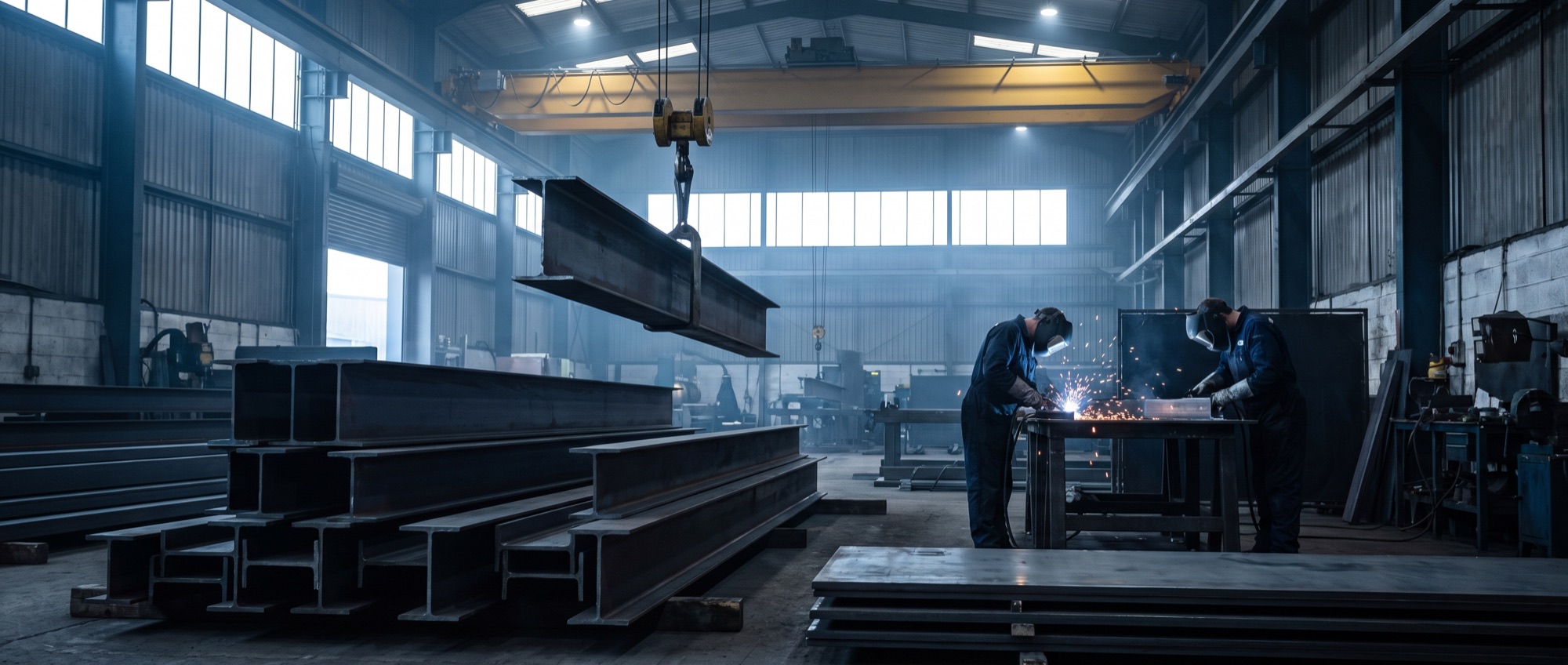 AxisWorks fabrication workshop floor with overhead crane and stacked steel