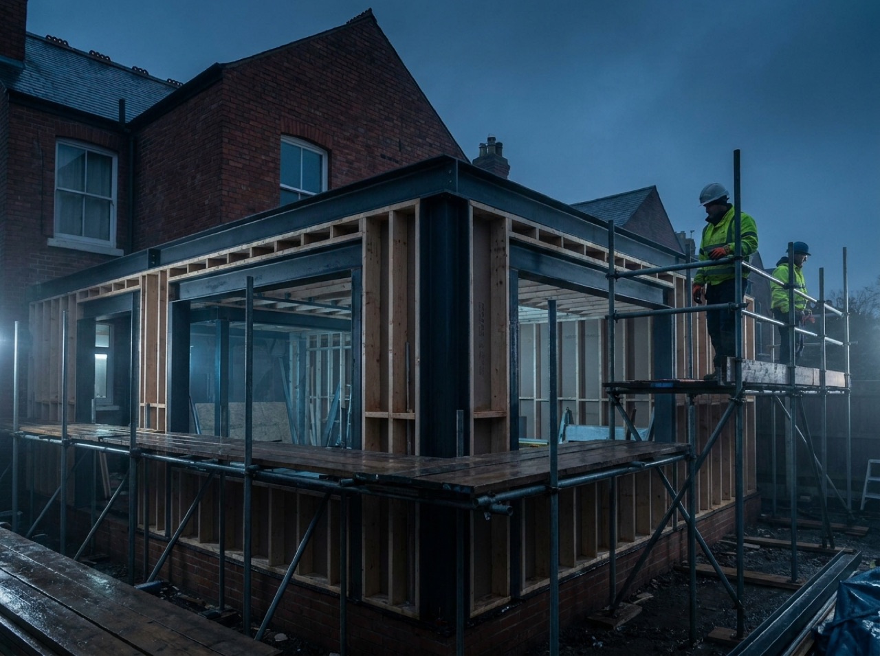 Steel-framed rear extension under construction