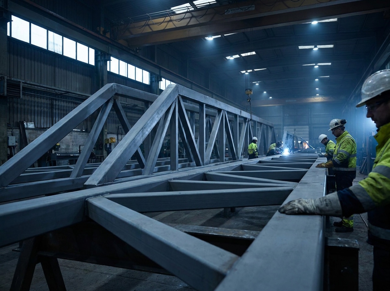 Fabricated steel roof trusses lined up in the workshop