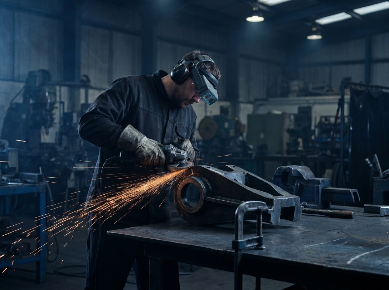 Fabricator grinding a bespoke steel component at a workbench