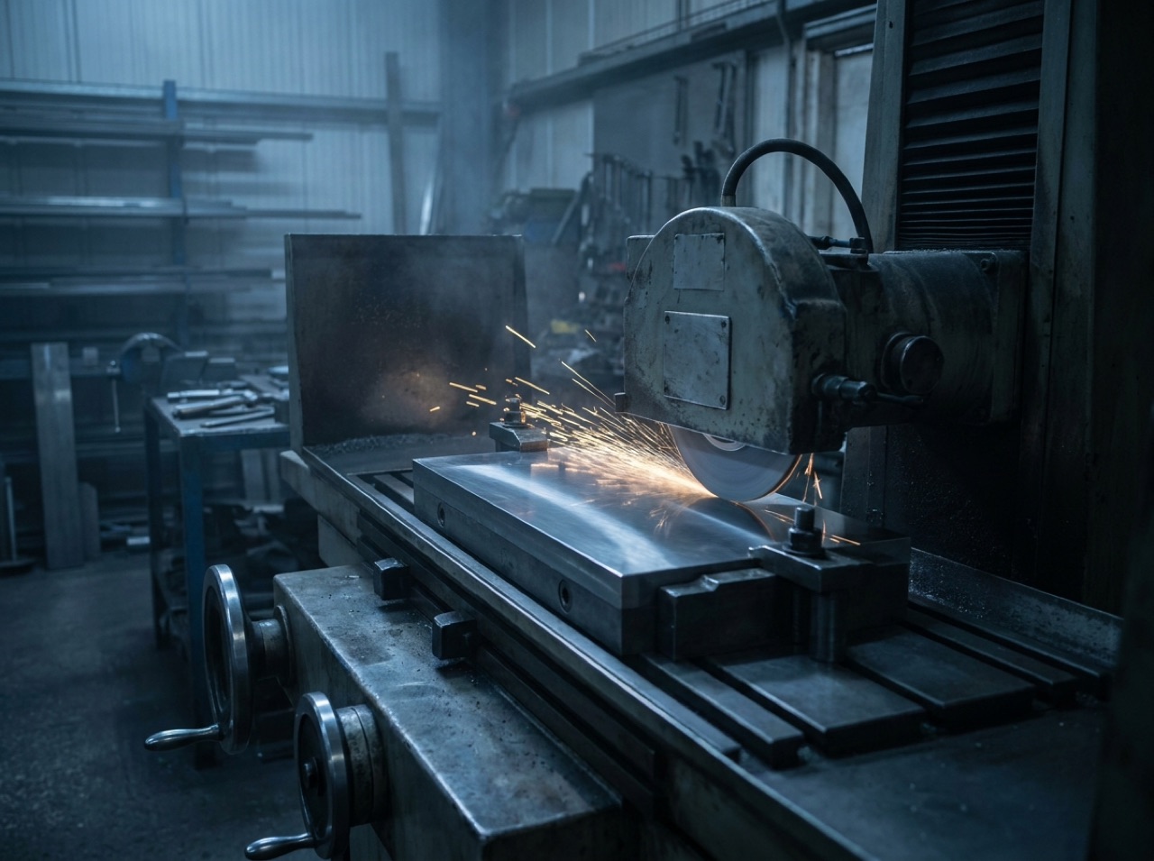 Surface grinder finishing a hardened steel plate