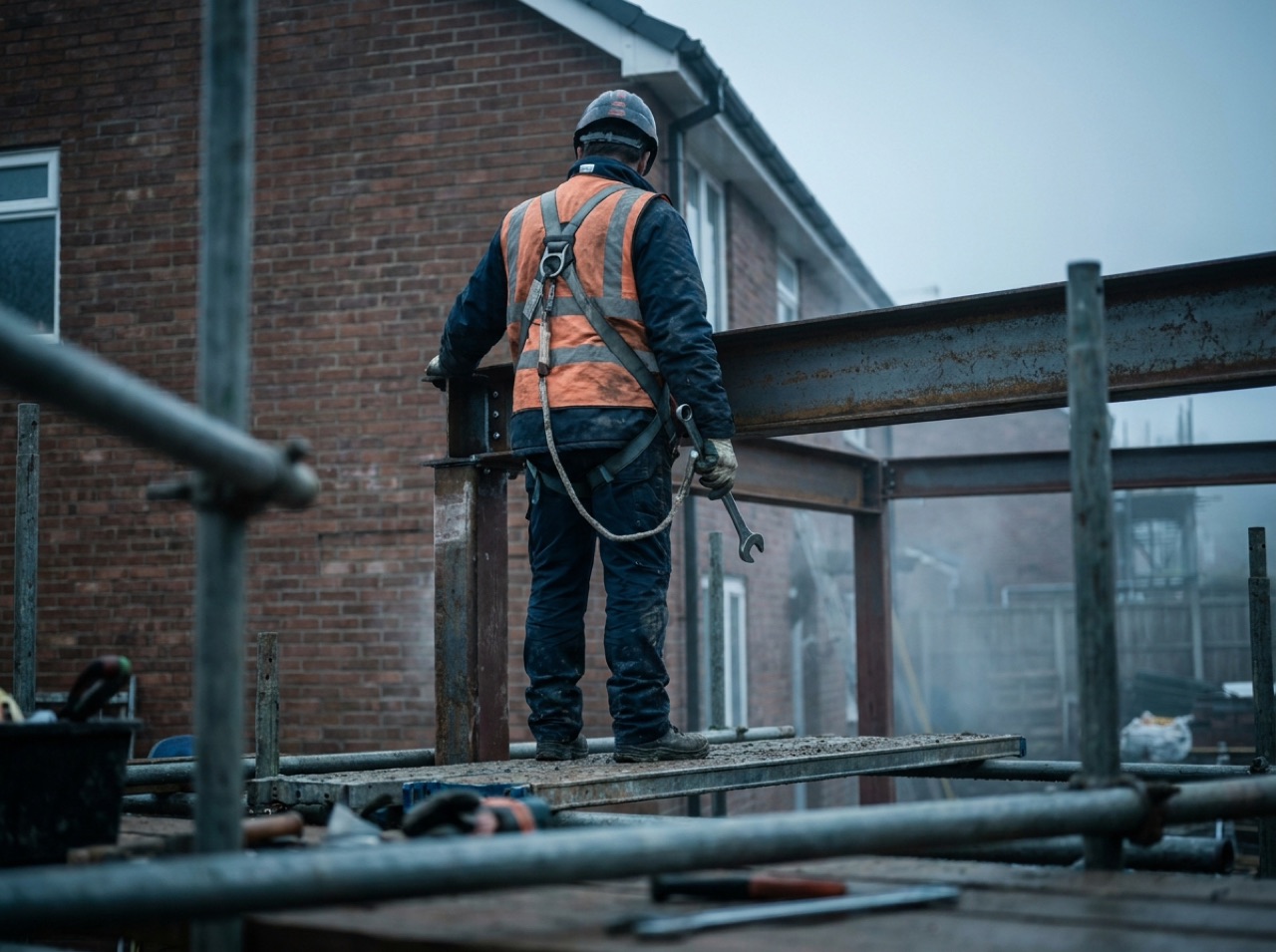 Steel erector bolting a beam-to-column connection at height