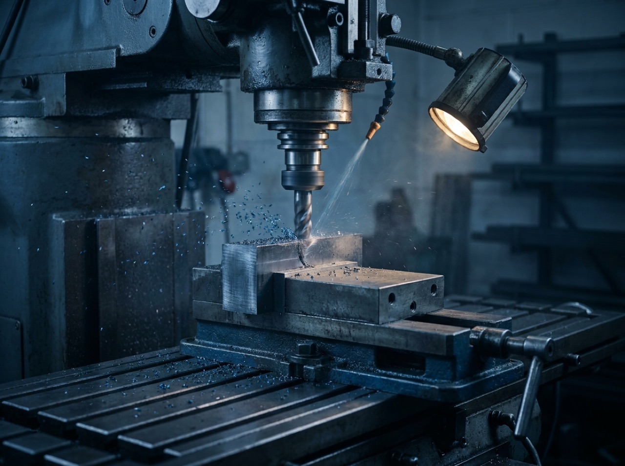 CNC mill cutting a steel block held in a vice
