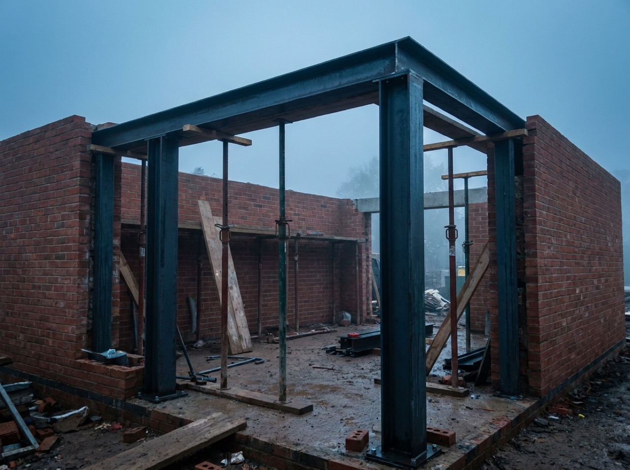 Steel columns and beams being erected on site with a crane