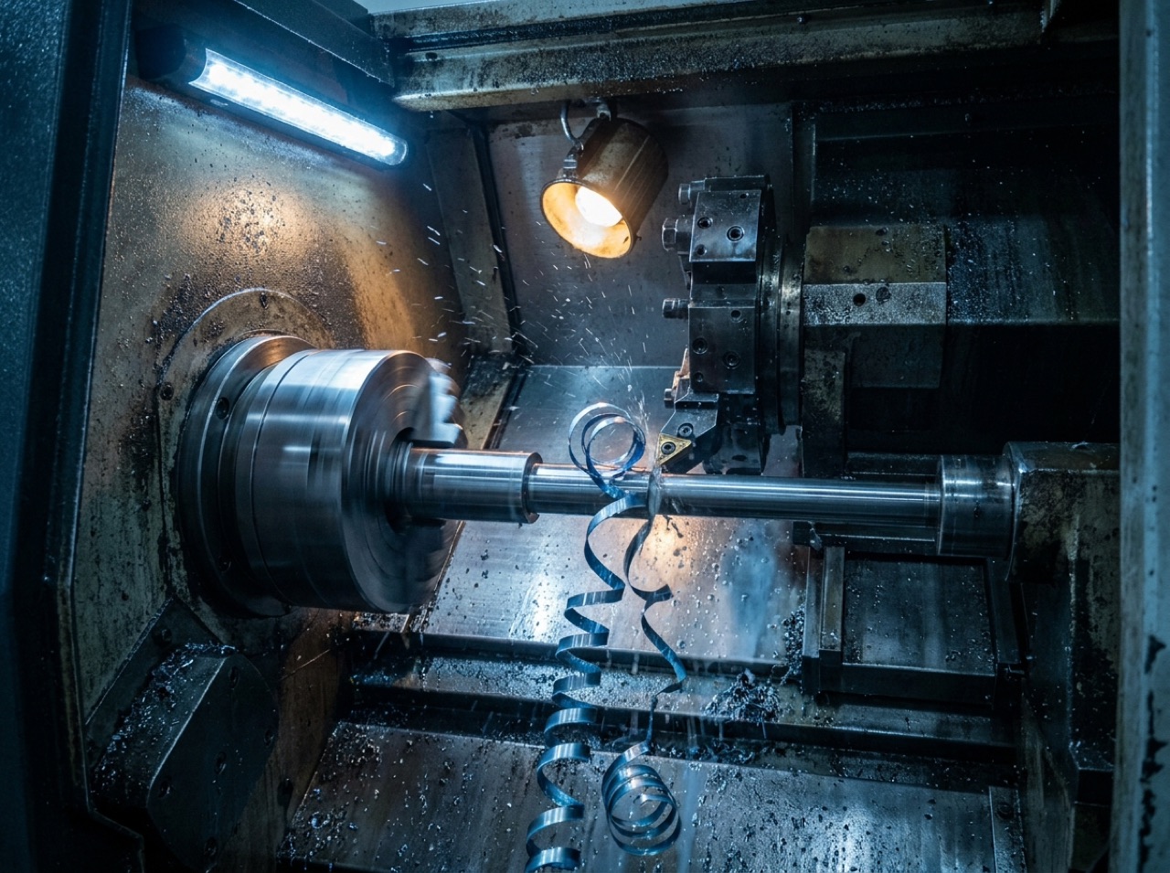 CNC lathe turning a steel shaft with swarf peeling away