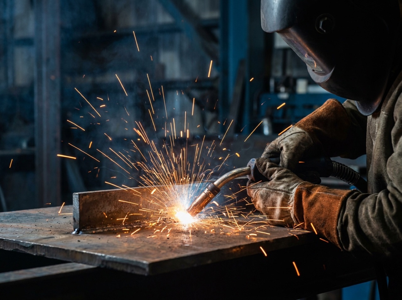 MIG welding on thick steel plate with a shower of sparks