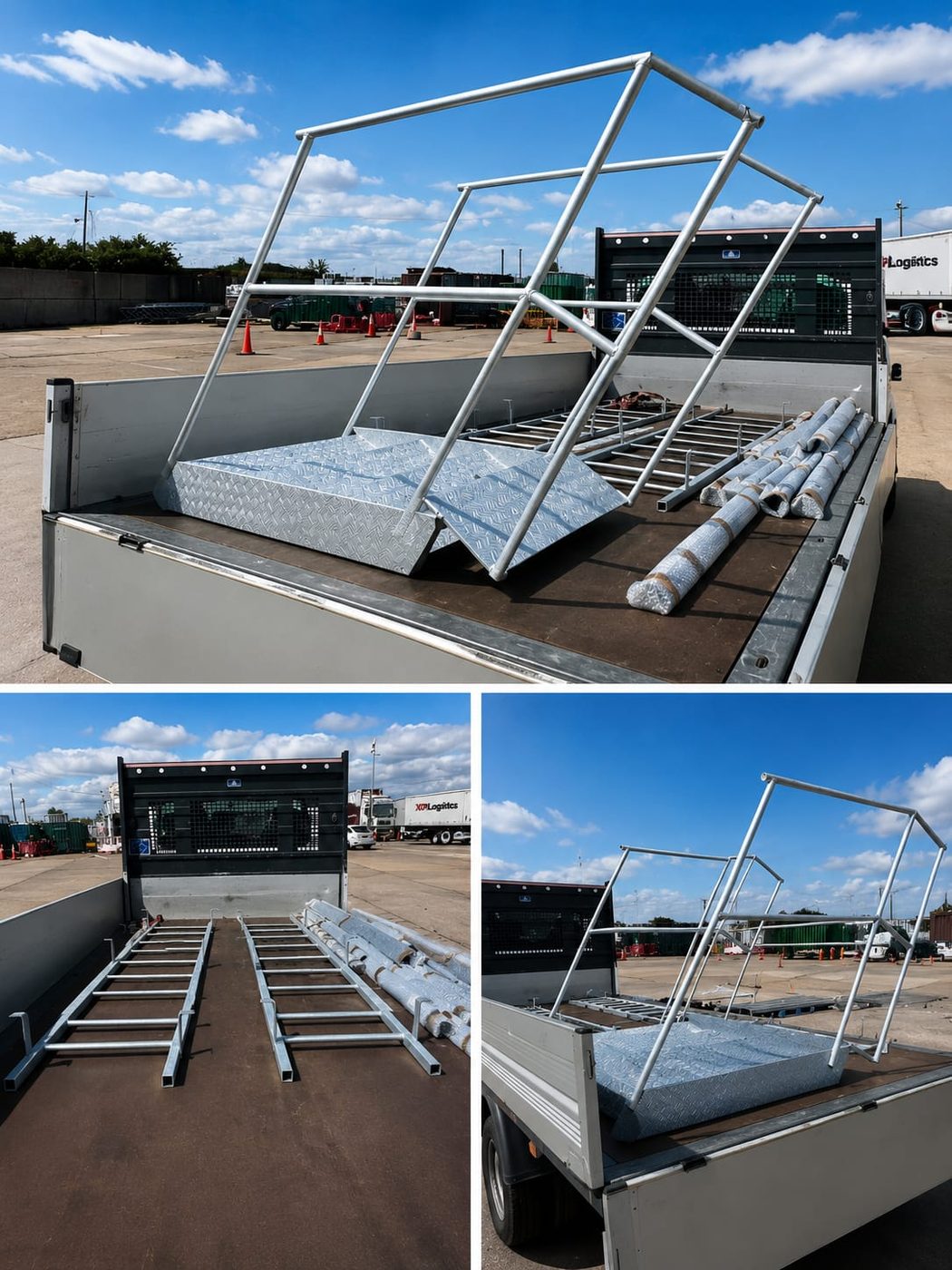 Galvanised handrail frames loaded on a flatbed
