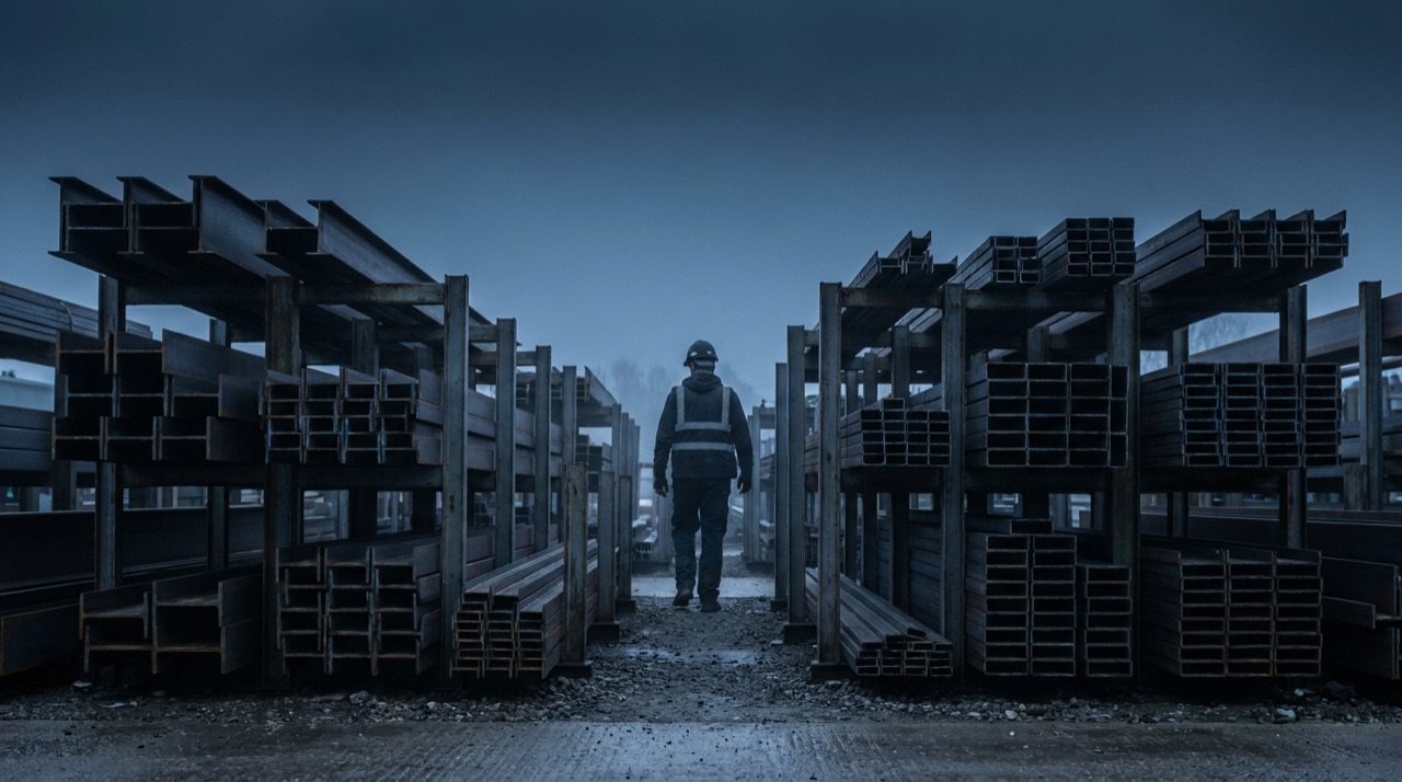 Raw steel sections stacked in the stockyard